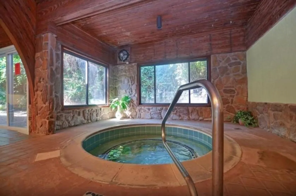 An inviting indoor spa area with a soothing hot tub, surrounded by large windows that bring in natural light and views of greenery. The stone walls and indoor plant enhance the tranquil, nature-inspired ambiance.